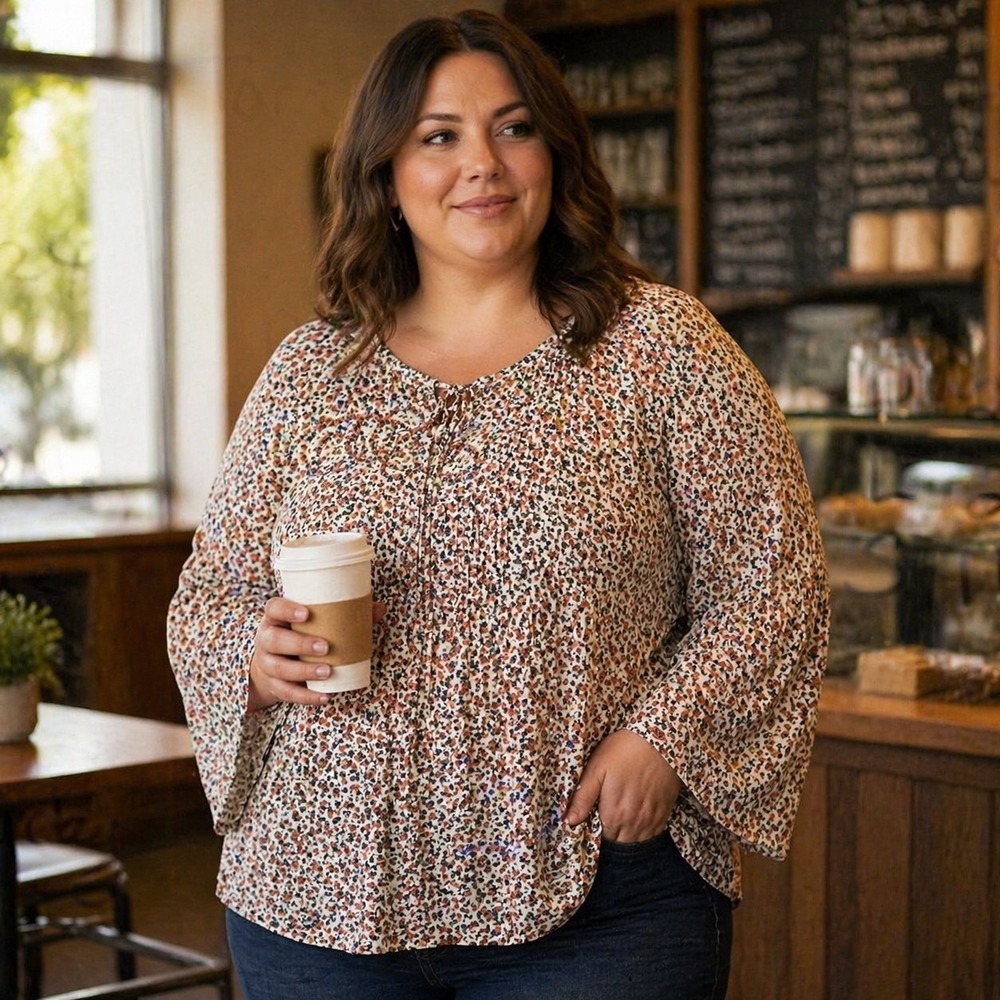 Torrid Women's 2 2X Plus Floral Peasant Top  Boho Bell Sleeve Cottagecore Sheer